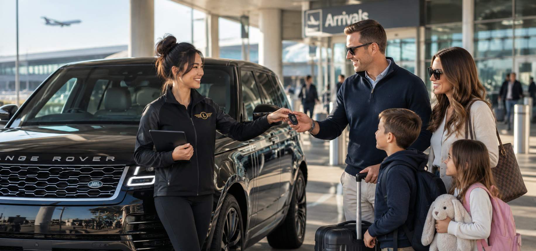A Luxcar Rentals host in a branded jacket hands the keys of a black Range Rover to a family outside an airport arrivals hall